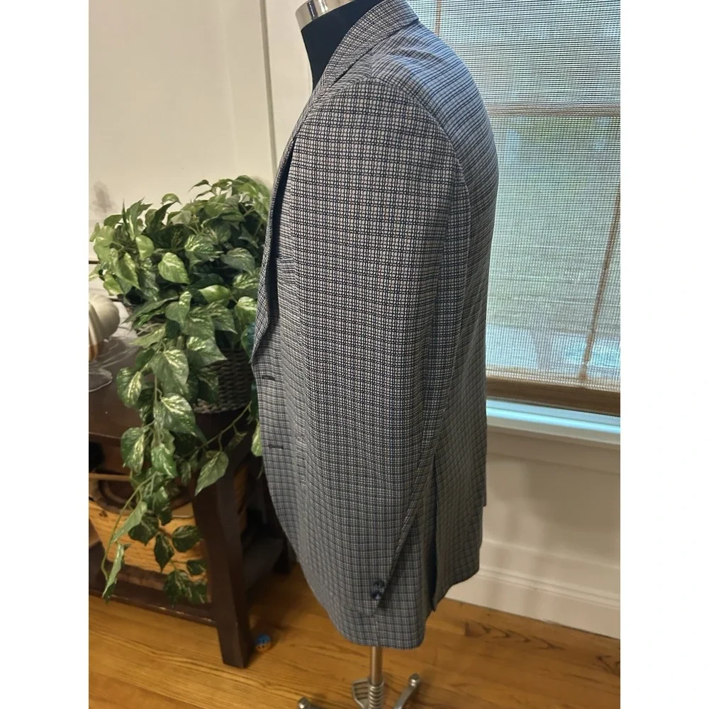 Vtg 70s Blue Gray Maroon Plaid Double Knit Golf Sport Coat Jacket Blazer 40 L